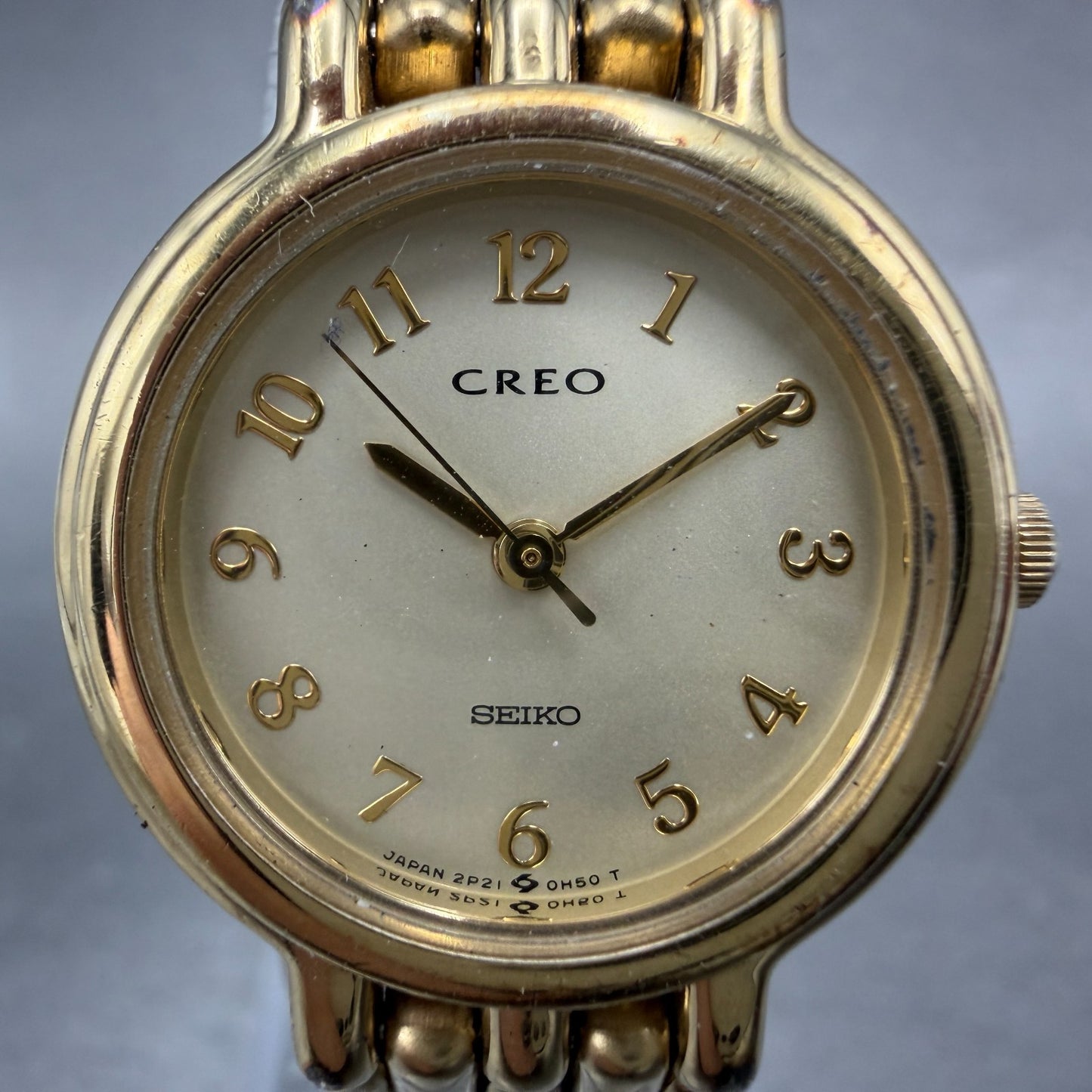 Seiko Creo Watch Women 24mm Champagne Dial Gold Tone Round 2P21-0C00 New Battery1