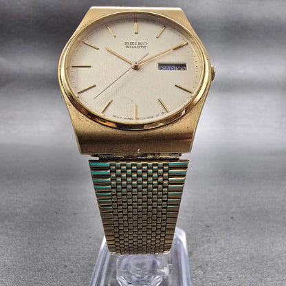 Seiko Watch Men 33mm Champagne Dial Gold Tone Daydate 5Y23-8119 New Battery VTG5