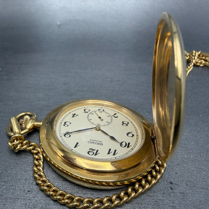Seiko Pocket Watch Men 42mm Champagne Dial Gold Tone Round 7N07-001A New Battery4