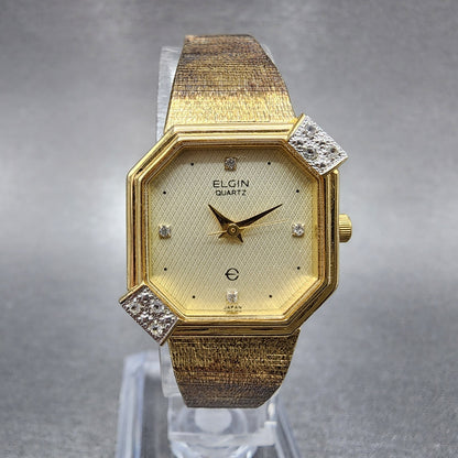 Elgin Watch Women 21mm Champagne Dial Gold Tone Octagon Diamond bezel New Batt0