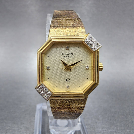 Elgin Watch Women 21mm Champagne Dial Gold Tone Octagon Diamond bezel New Batt0
