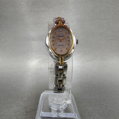 Seiko Solar Watch Women 19mm Gray Dial Two Tone Oval V1100AG0 Runs Bracelet5