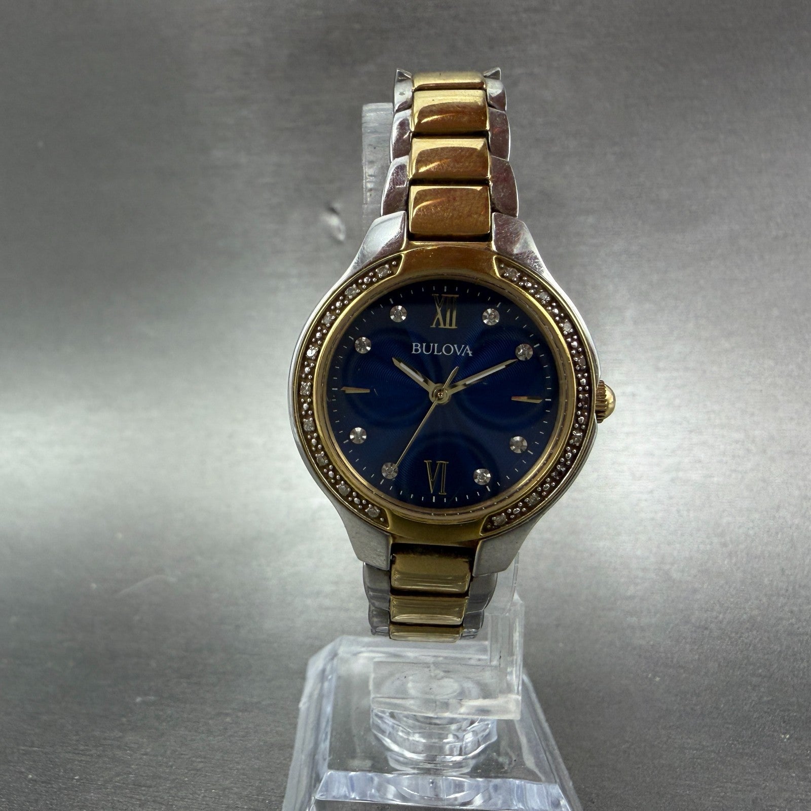 Bulova Watch Women 28mm Blue Dial Two Tone Round 98R223 Diamond Bezel New Batt5