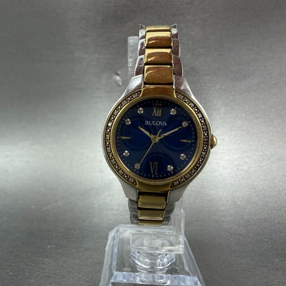 Bulova Watch Women 28mm Blue Dial Two Tone Round 98R223 Diamond Bezel New Batt5