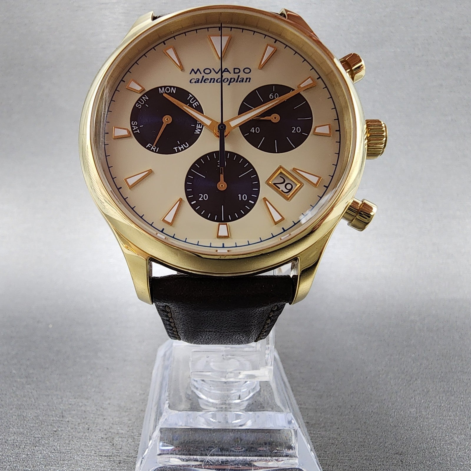 Movado Heritage Calendoplan Watch Men 43mm Cream Dial Gold Tone 36500075