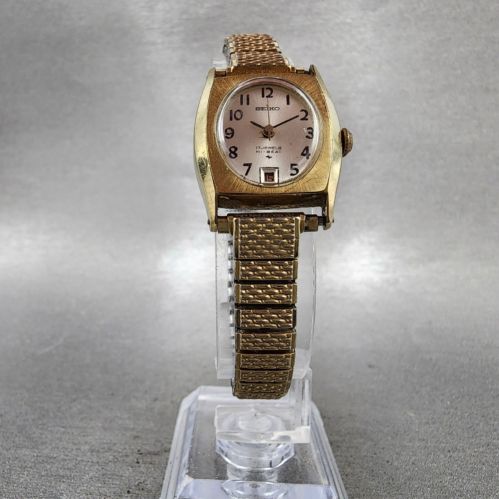 Seiko Watch Women 22mm Silver Dial Gold Tone Rectangle Manual Wind Runs VTG5