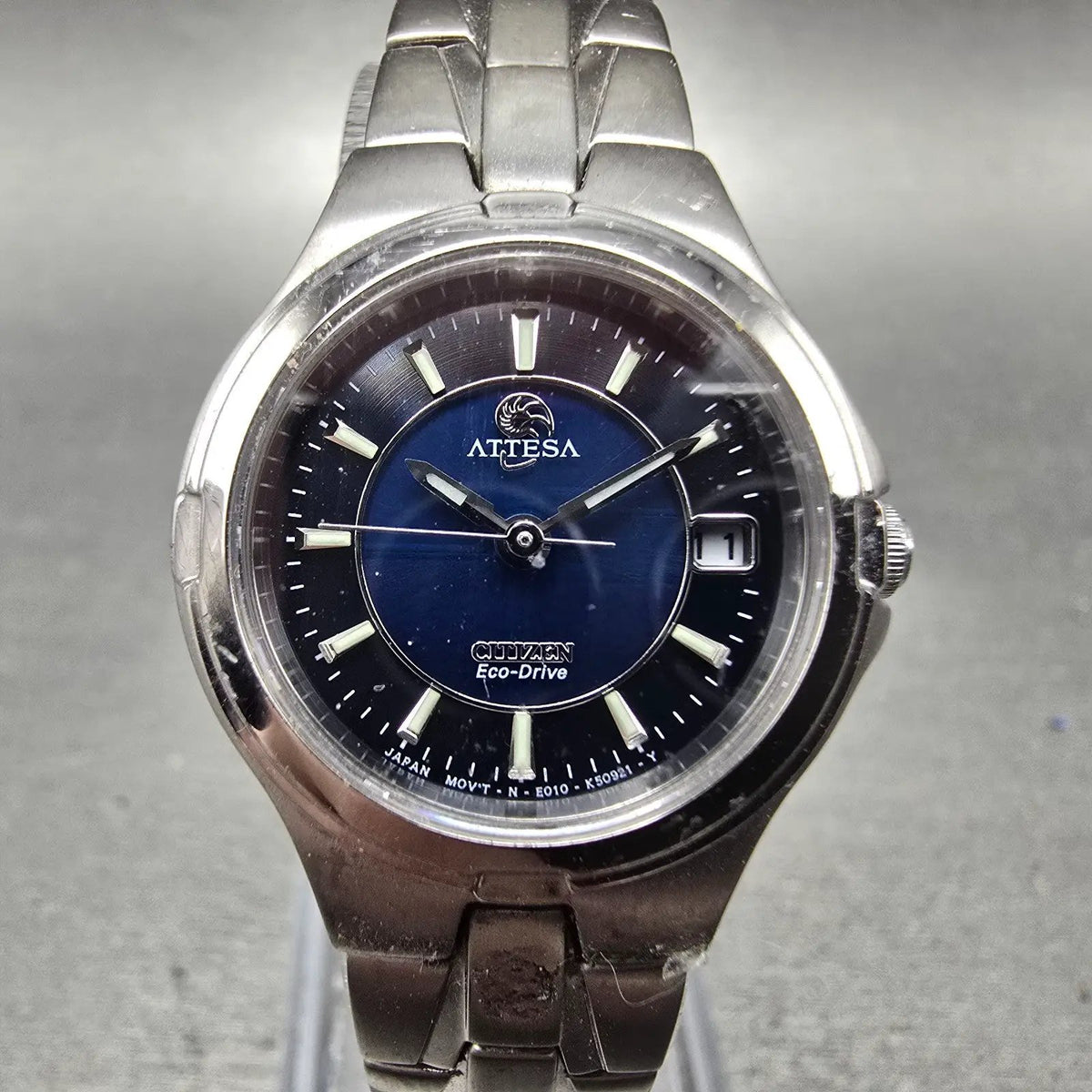 Citizen Eco-Drive Attesa Watch Women 25mm Blue Dial Gray Tone Date Round Runs0