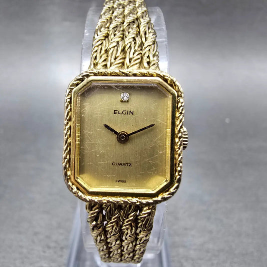 Elgin Womens Watch 16mm Gold Dial Gold Tone Octagon Mesh Band New Battery VTG0