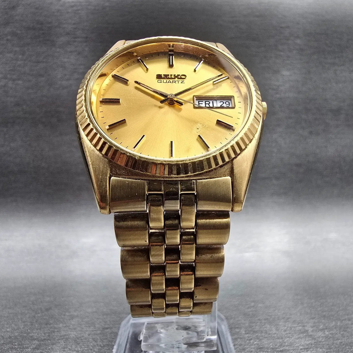 Seiko President Watch Men 36mm Gold Dial Gold Tone Daydate 7N43-8111 New Battery5