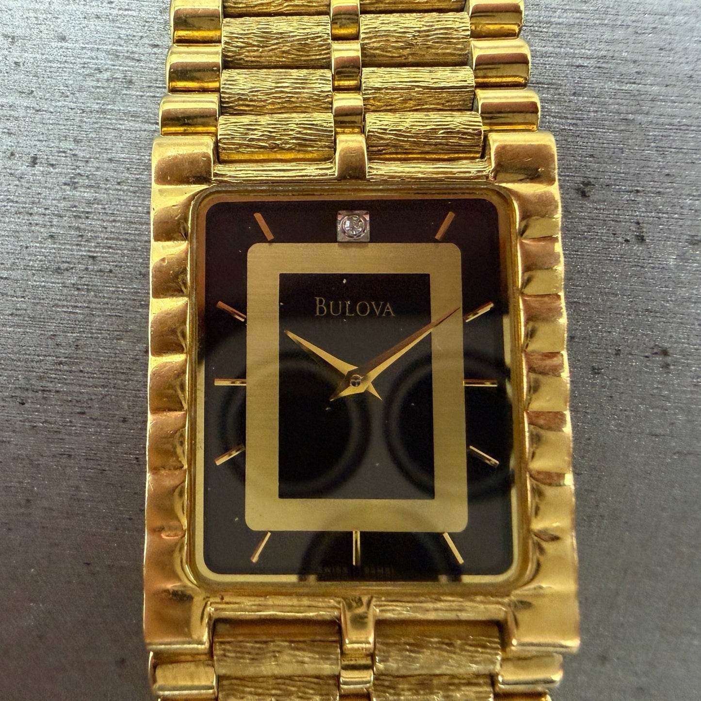 Bulova Tank Watch Men 25mm Black Dial Gold Tone READ!!!! Rectangle 92M51 New Bat1