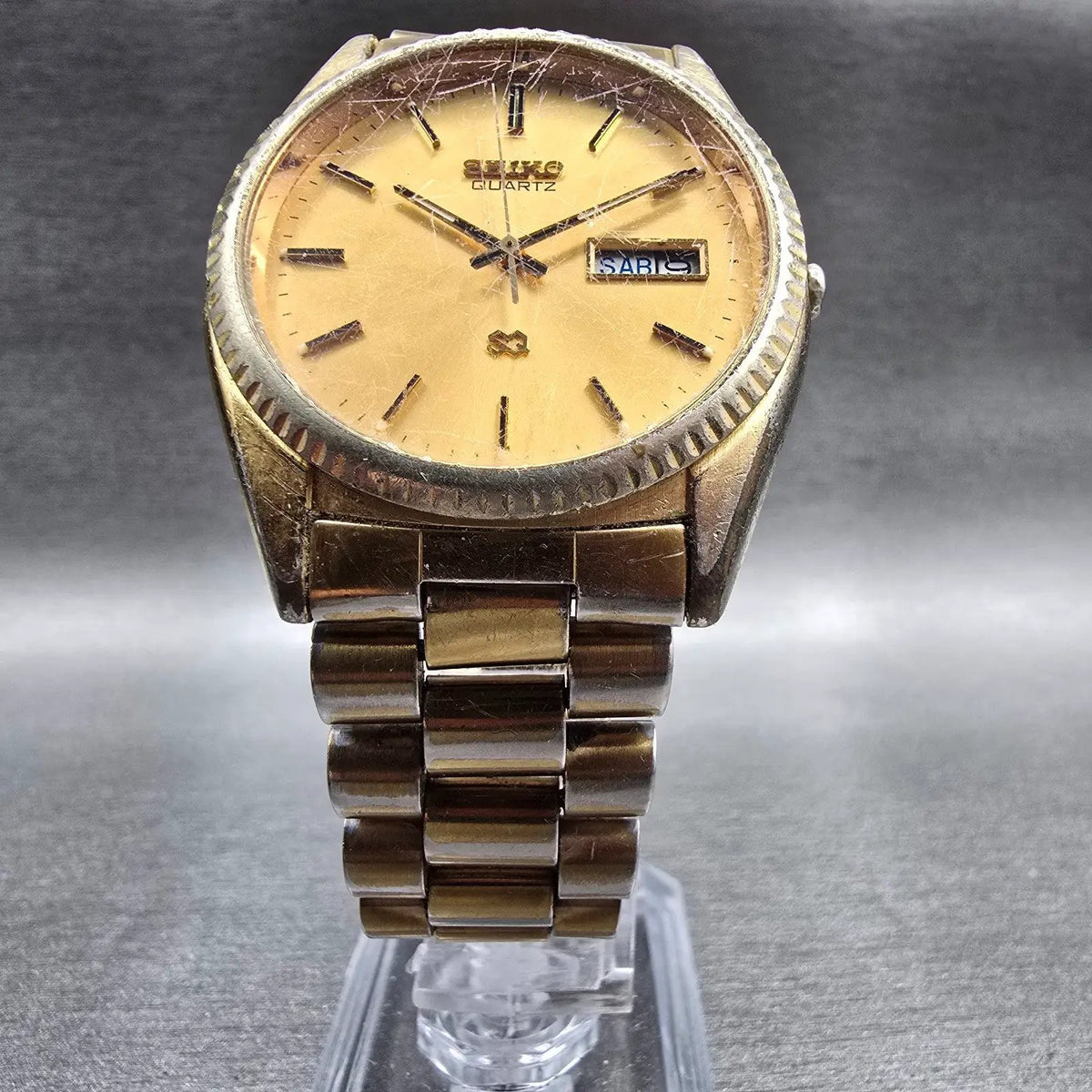Seiko SQ President Watch Men 36mm Gold Dial Gold Daydate 5Y23-8A60 New Batt 565