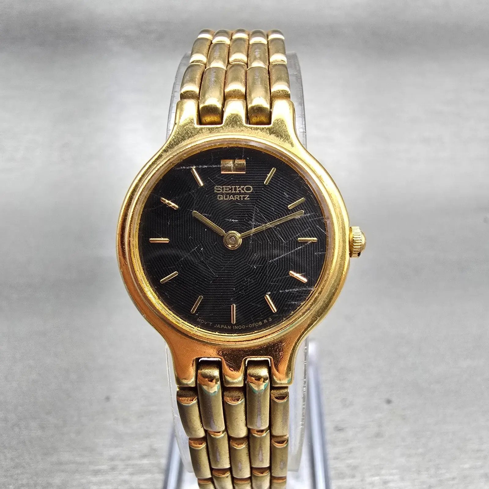 Seiko Watch Women 22mm Black Dial Gold Tone Round 1N00-0A99 New Battery Vintage0