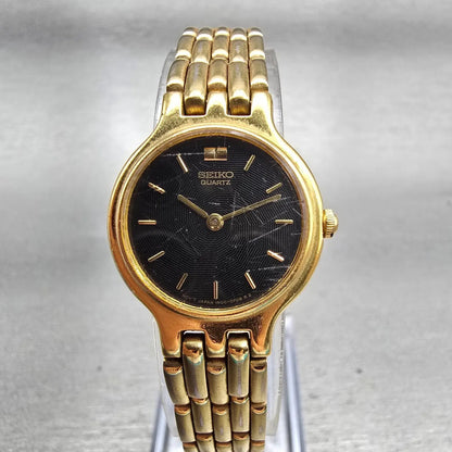 Seiko Watch Women 22mm Black Dial Gold Tone Round 1N00-0A99 New Battery Vintage0