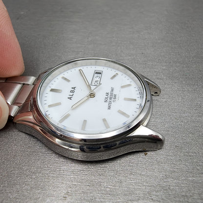Seiko ALBA Solar Watch Men 36mm White Dial Silver Tone Daydate V158A PARTS5