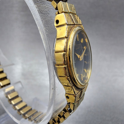 VTG Citizen Watch Women 16mm Black Dial Gold Tone Oval 5920-S52446 New Battery