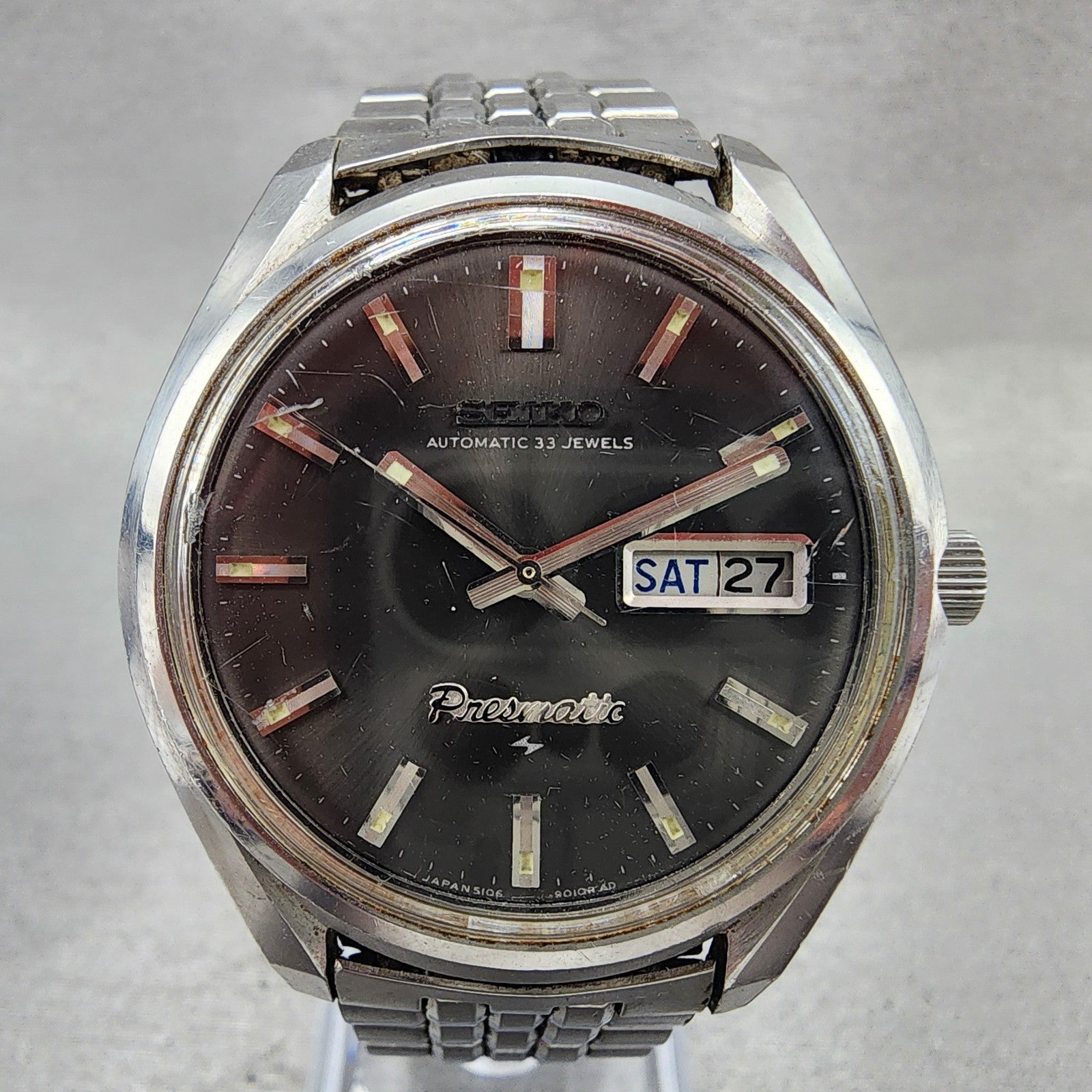 Seiko Presmatic Watch Men 37mm Black Dial Silver Tone Daydate 51069000 Runs1