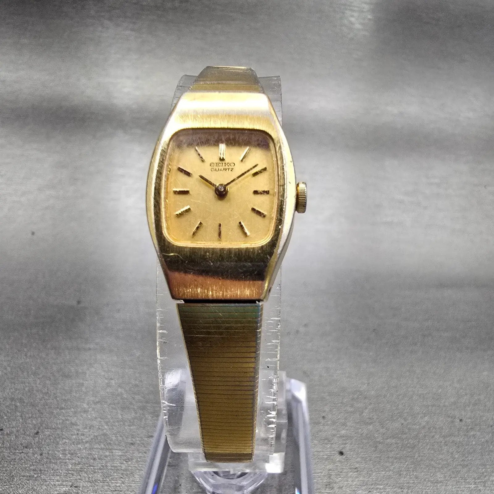 Seiko Watch Women 16mm Gold Dial Gold Tone Rectangle 2B20-5049 New Battery VTG5
