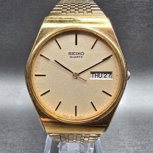 Seiko Watch Men 33mm Champagne Dial Gold Tone Daydate Round 7813-8009 New Batt0