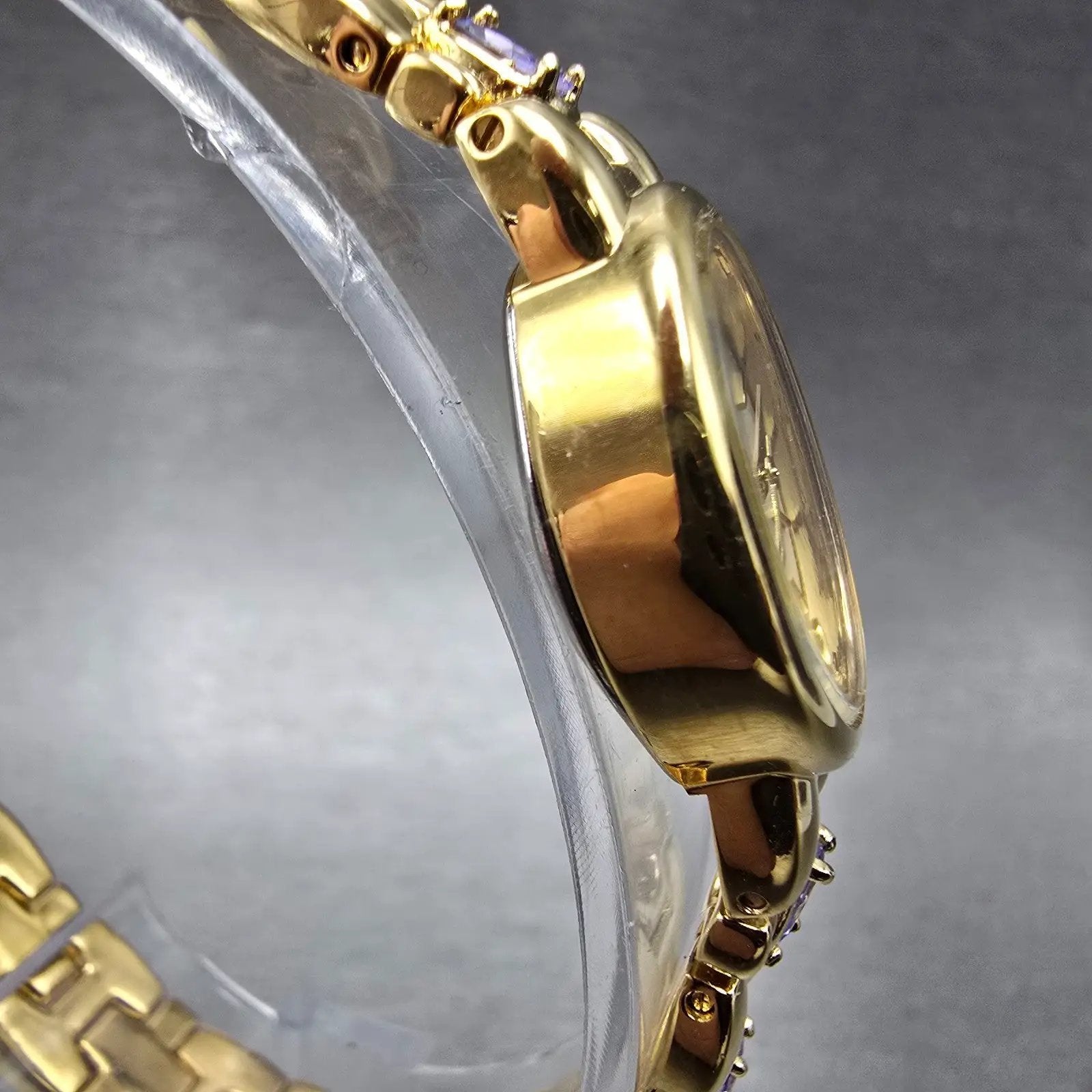 Jules Jurgensen Watch Women 17mm Champagne Dial Gold Oval Blue Gems New BatteryP3