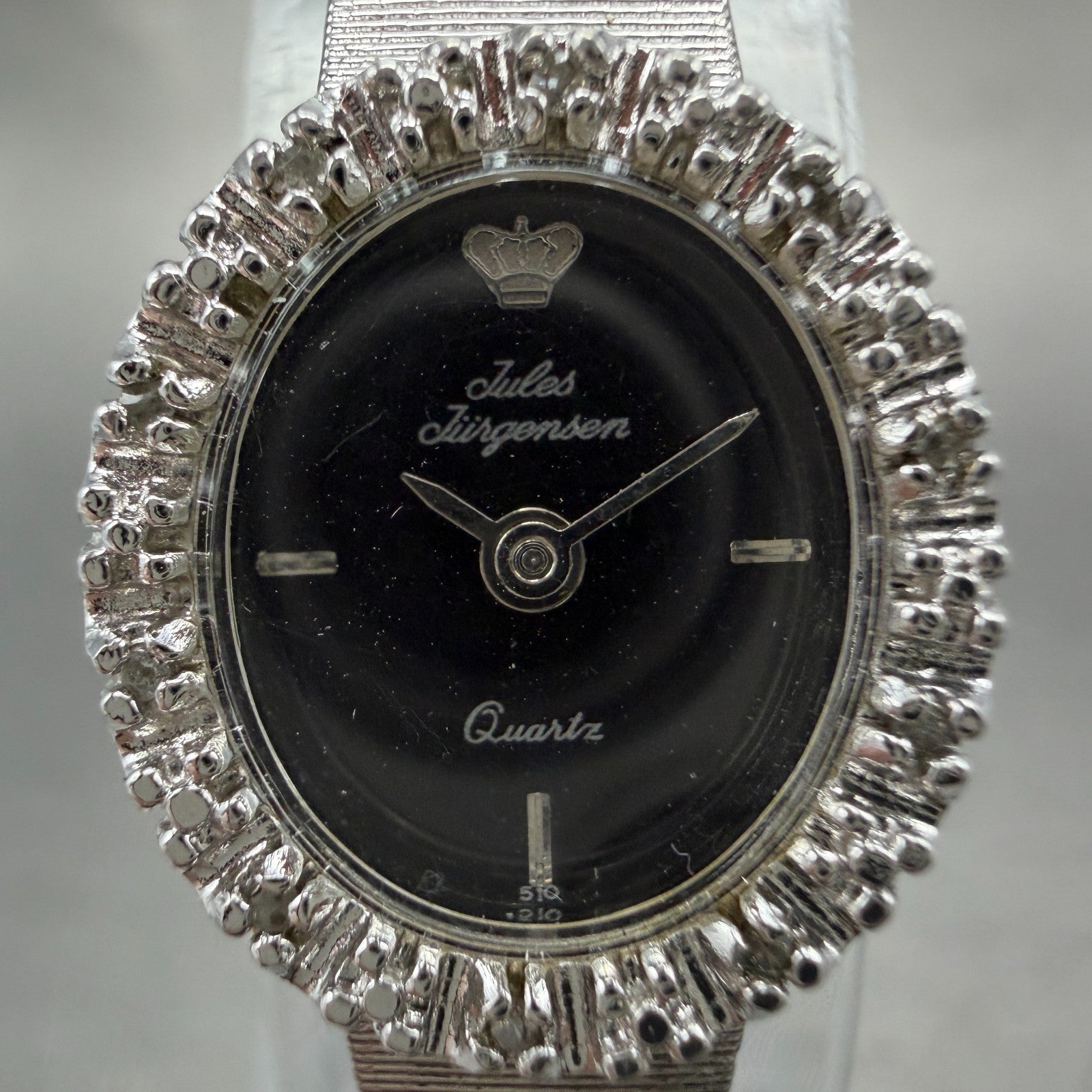 Jules Jurgenson Watch Women 14mm Black Dial Silver Tone Gem Bezel New Battery1
