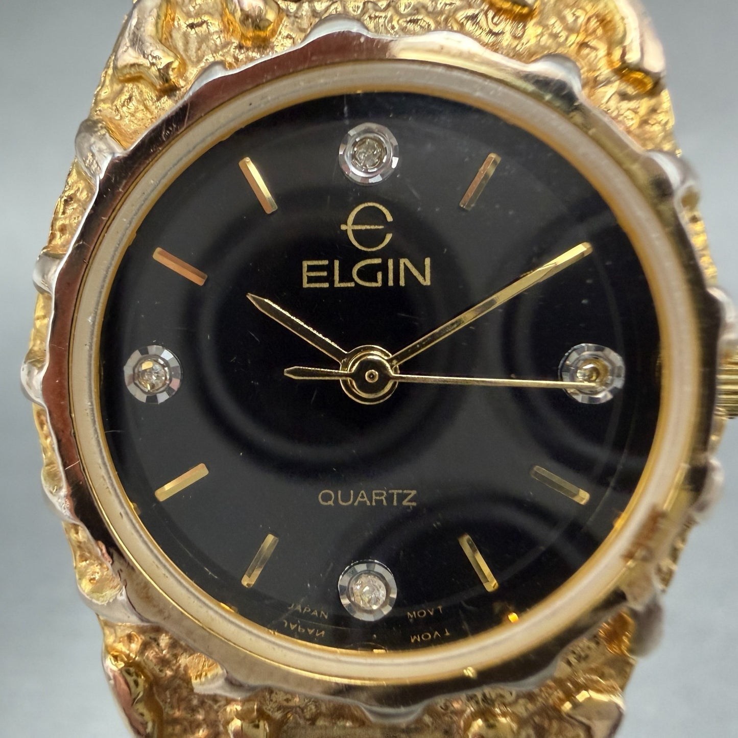 Elgin Watch Women 25mm Black Dial Gold Nugget Case Tone New Battery VTG ABC1