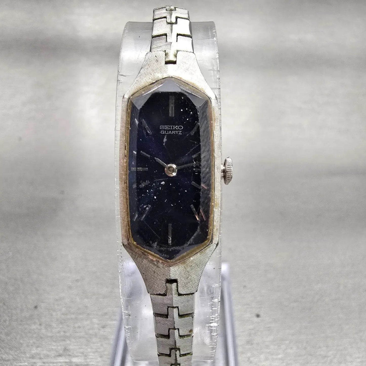 Seiko Watch Women 12mm Blue Dial Silver Tone Rectangle 1320-5339 New Battery VTG0
