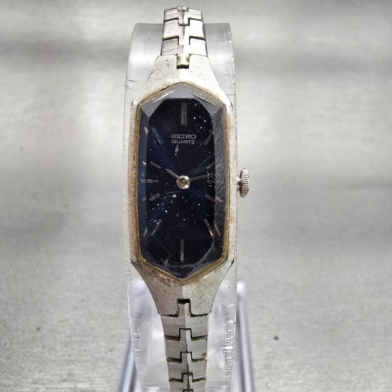 Seiko Watch Women 12mm Blue Dial Silver Tone Rectangle 1320-5339 New Battery VTG0