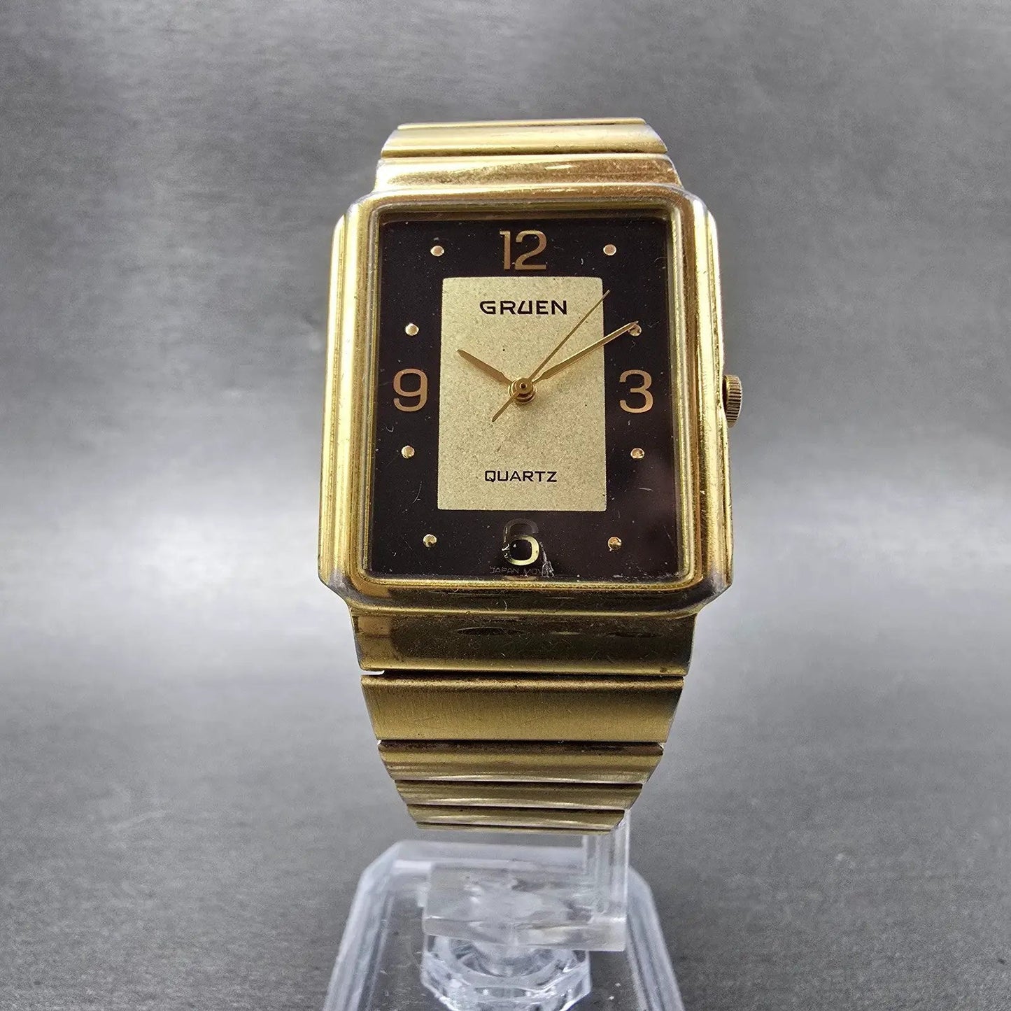 Gruen Tank Watch Men 27mm Black & Gold Dial Gold Tone Rectangle New Battery5