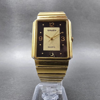Gruen Tank Watch Men 27mm Black & Gold Dial Gold Tone Rectangle New Battery5