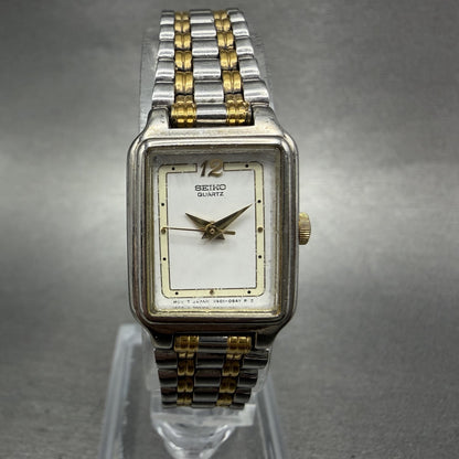 Seiko Tank Watch Women 18mm White Dial Two Tone Rectangle V401-5129 New Batt MNO0