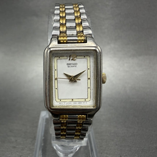 Seiko Tank Watch Women 18mm White Dial Two Tone Rectangle V401-5129 New Batt MNO0