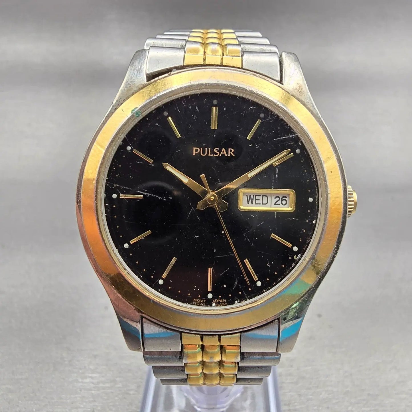 Seiko Pulsar Watch Men 36mm Black Dial Two Tone Daydate V733-X001 New Battery0