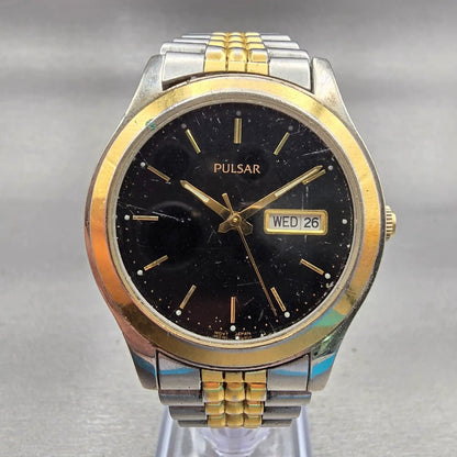 Seiko Pulsar Watch Men 36mm Black Dial Two Tone Daydate V733-X001 New Battery0