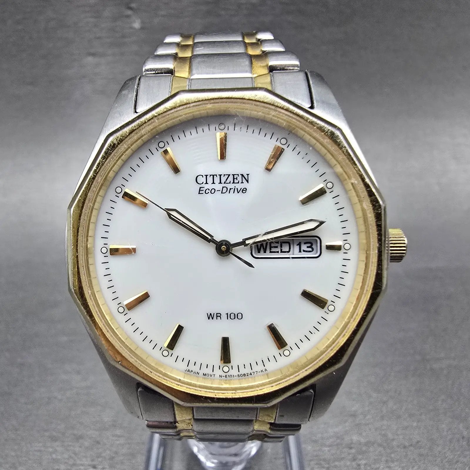 Citizen Eco-Drive Watch Men 37mm White Dial Two Tone Dayedate E101-S053439 Runs0
