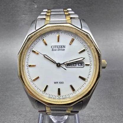 Citizen Eco-Drive Watch Men 37mm White Dial Two Tone Dayedate E101-S053439 Runs0