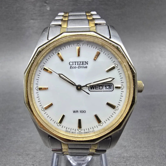 Citizen Eco-Drive Watch Men 37mm White Dial Two Tone Dayedate E101-S053439 Runs0