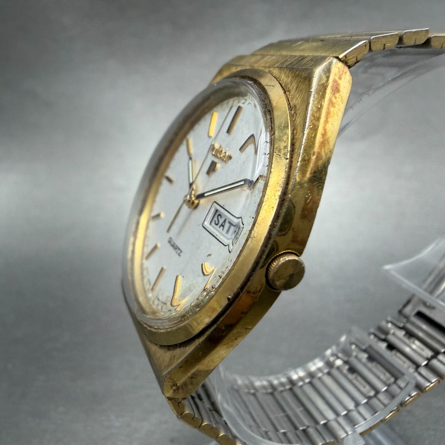 Seiko Pulsar Watch Men 36mm Silver Dial Gold Tone Daydate Y148-8029 New Battery2