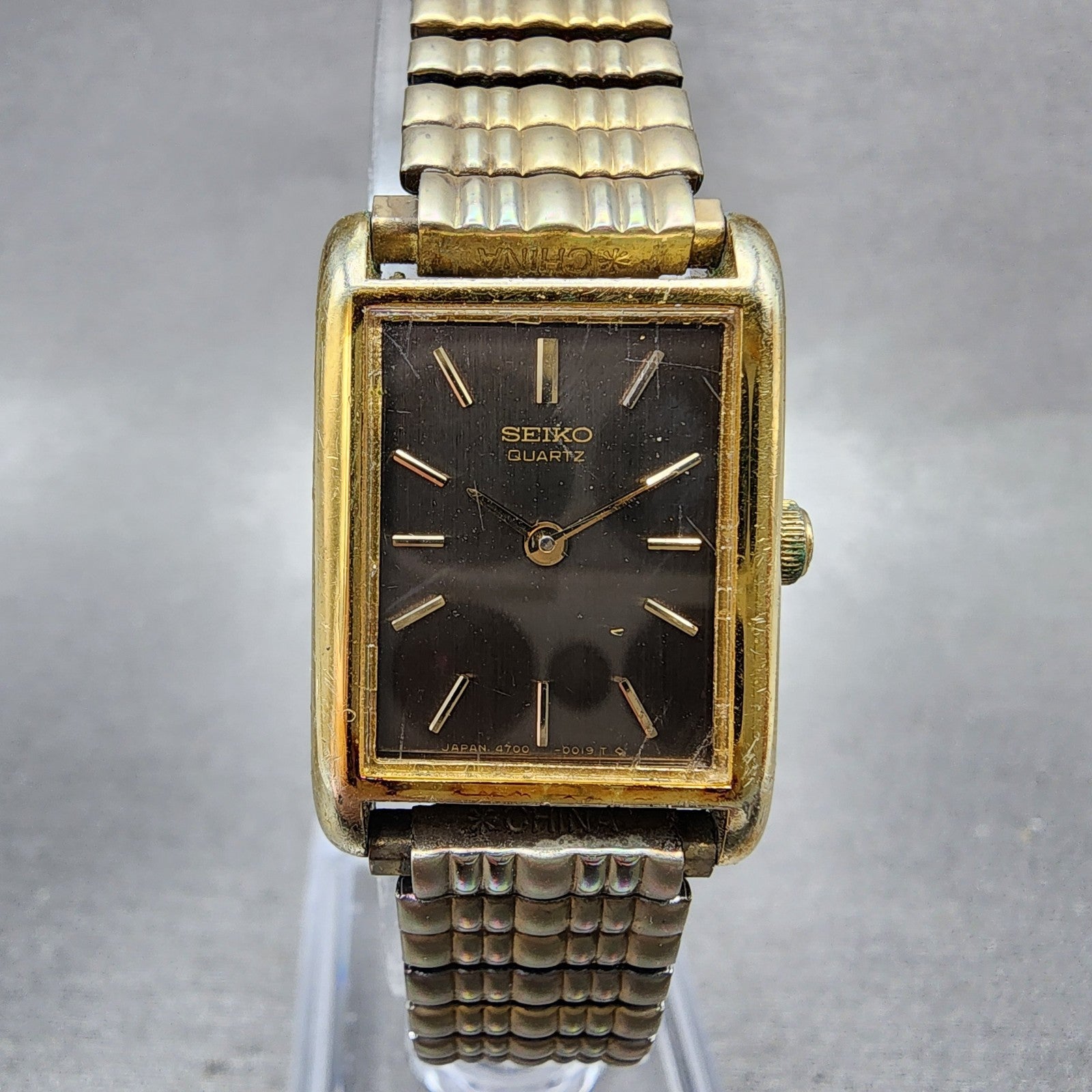Seiko Tank Watch Women 19mm Brown Dial Gold Tone Rectangle 47003009 New Batt AB0
