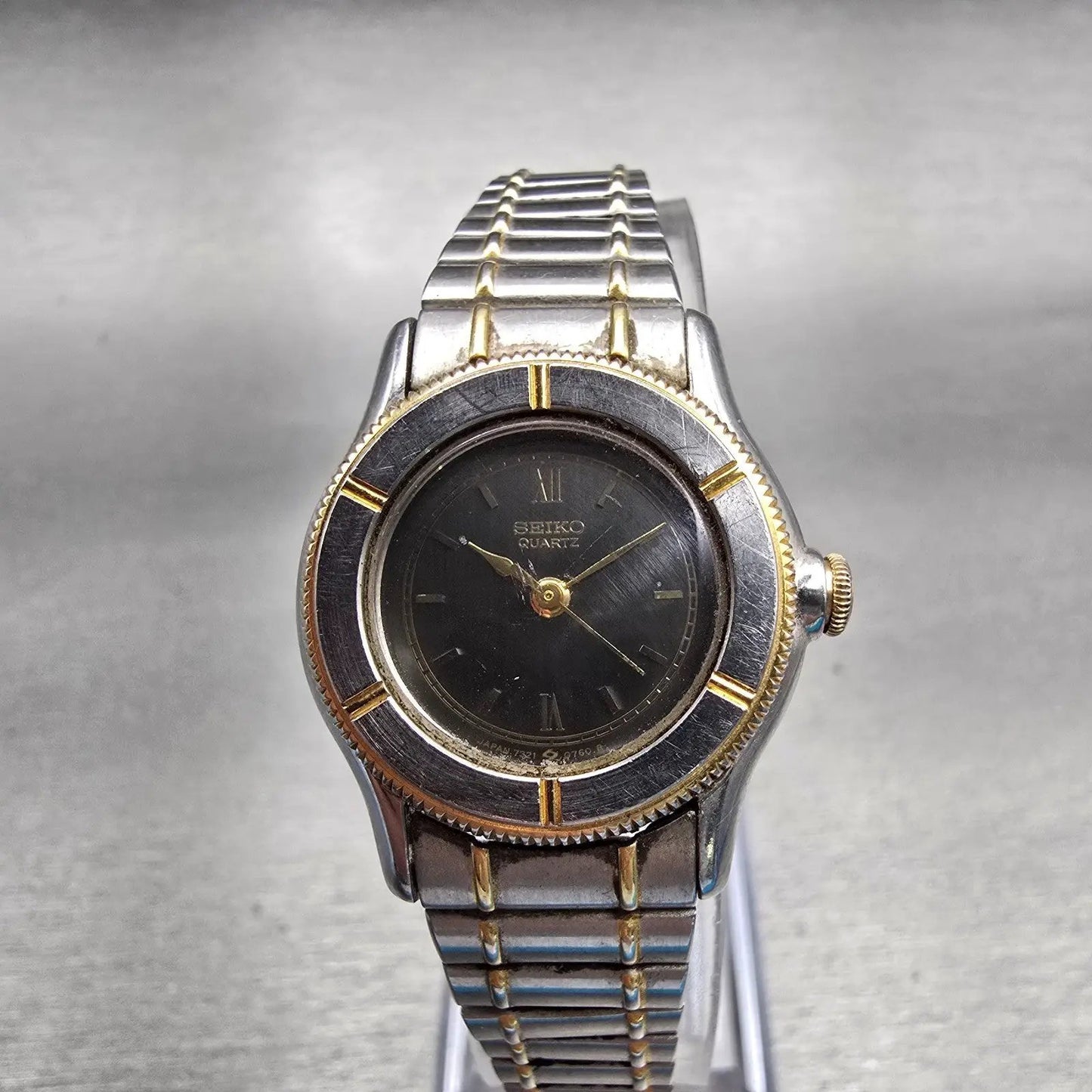 Seiko Watch Women 24mm Gray Dial Two Tone Round 7321-0150 New Battery Vintage0