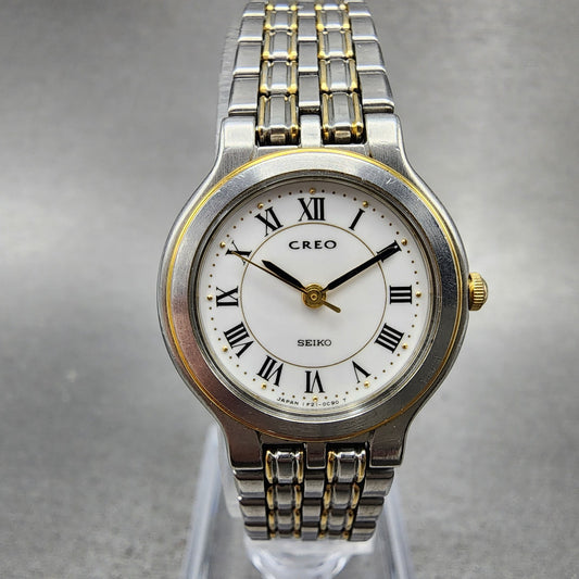 Seiko Creo Watch Women 24mm White Dial Two Tone Round 1F210B70 New Battery0