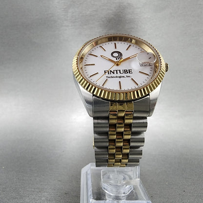 Fintube President Watch Men 35mm White Dial Two Tone Date Round New Battery 7156