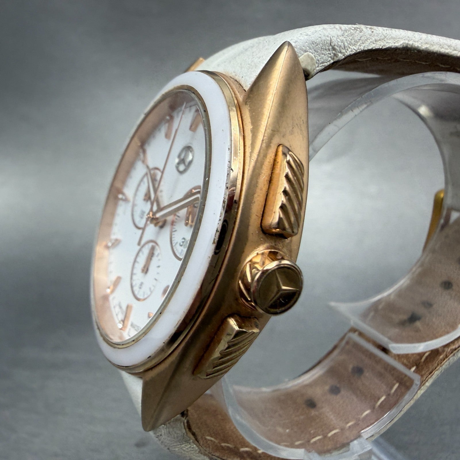 Mercedes-Benz Chronograph Watch Women 39mm White Dial Rose Gold Tone Date NewBat2
