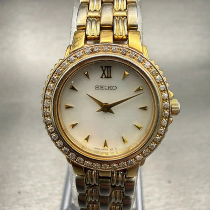 Seiko Watch Women 23mm MOP Dial Gold Tone Diamonds Round 1N00-0KH0 New Battery0