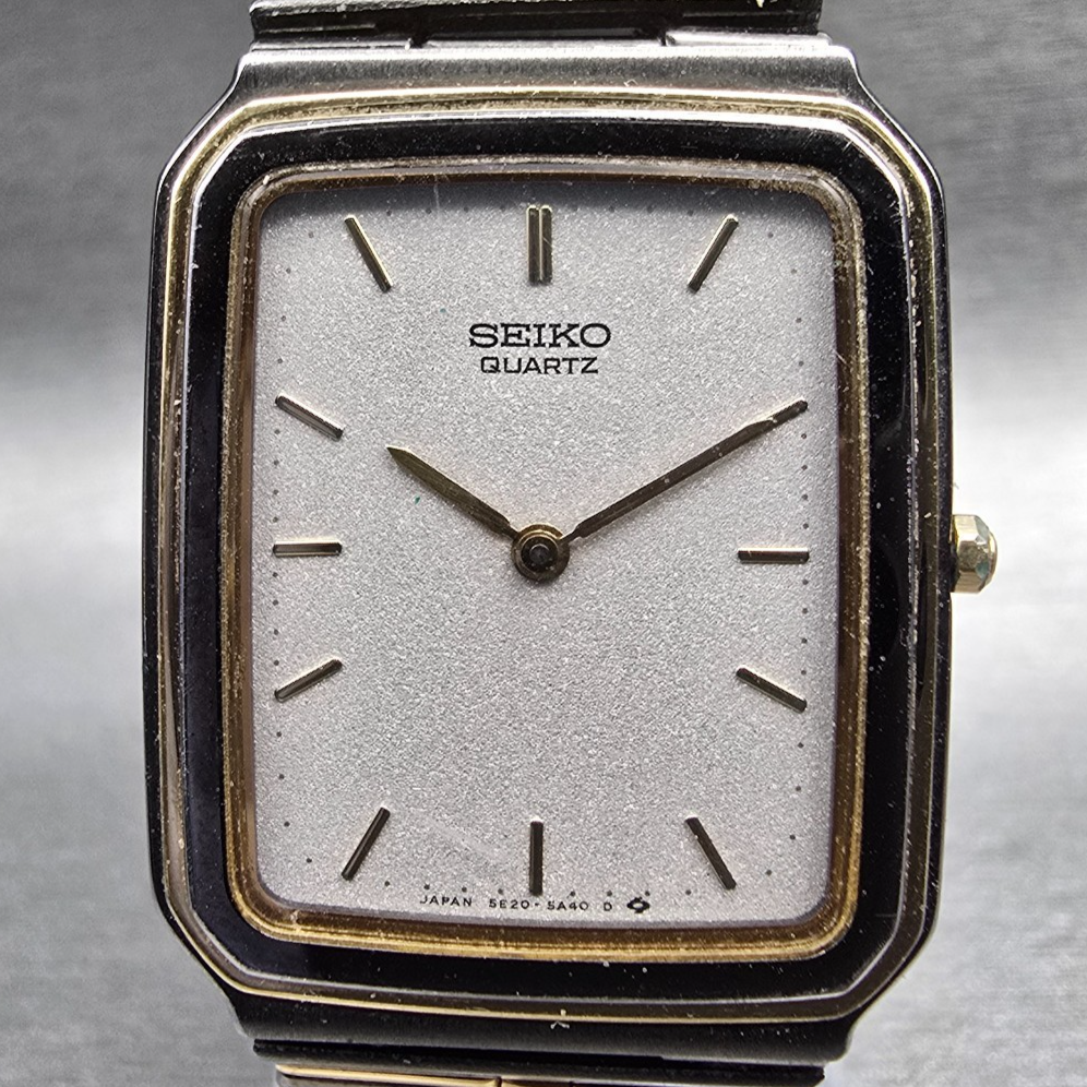 Seiko Tank Watch Men 26mm Silver Dial Two Tone Rectangle 5E20-5A40 New Battery1