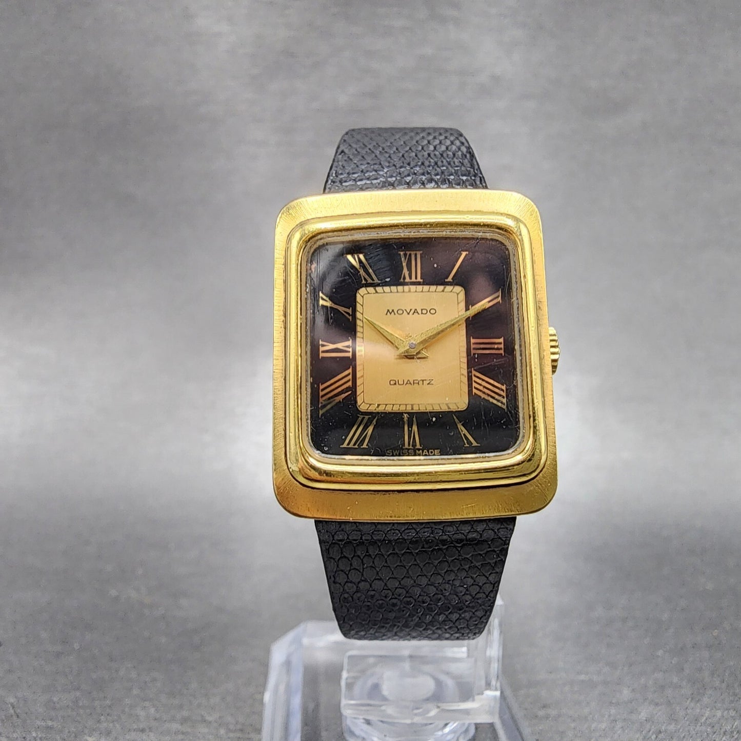 Movado Tank Watch Women 22mm Black & Gold Dial Gold Tone Rectangle New Battery5