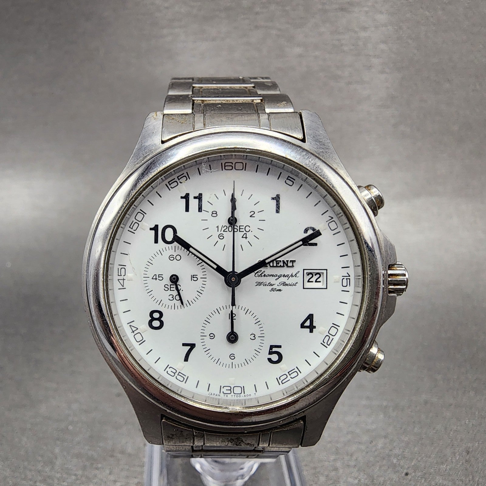 Orient Chronograph Watch Men 38mm White Dial Silver Tone Round New Battery0
