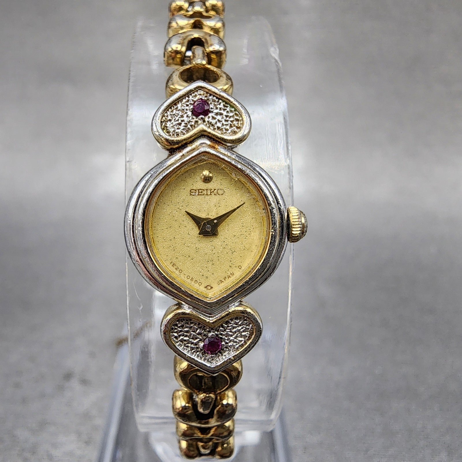 Seiko Watch Women 13mm Champagne Dial Two Tone Hearts 1e205220 New Battery0