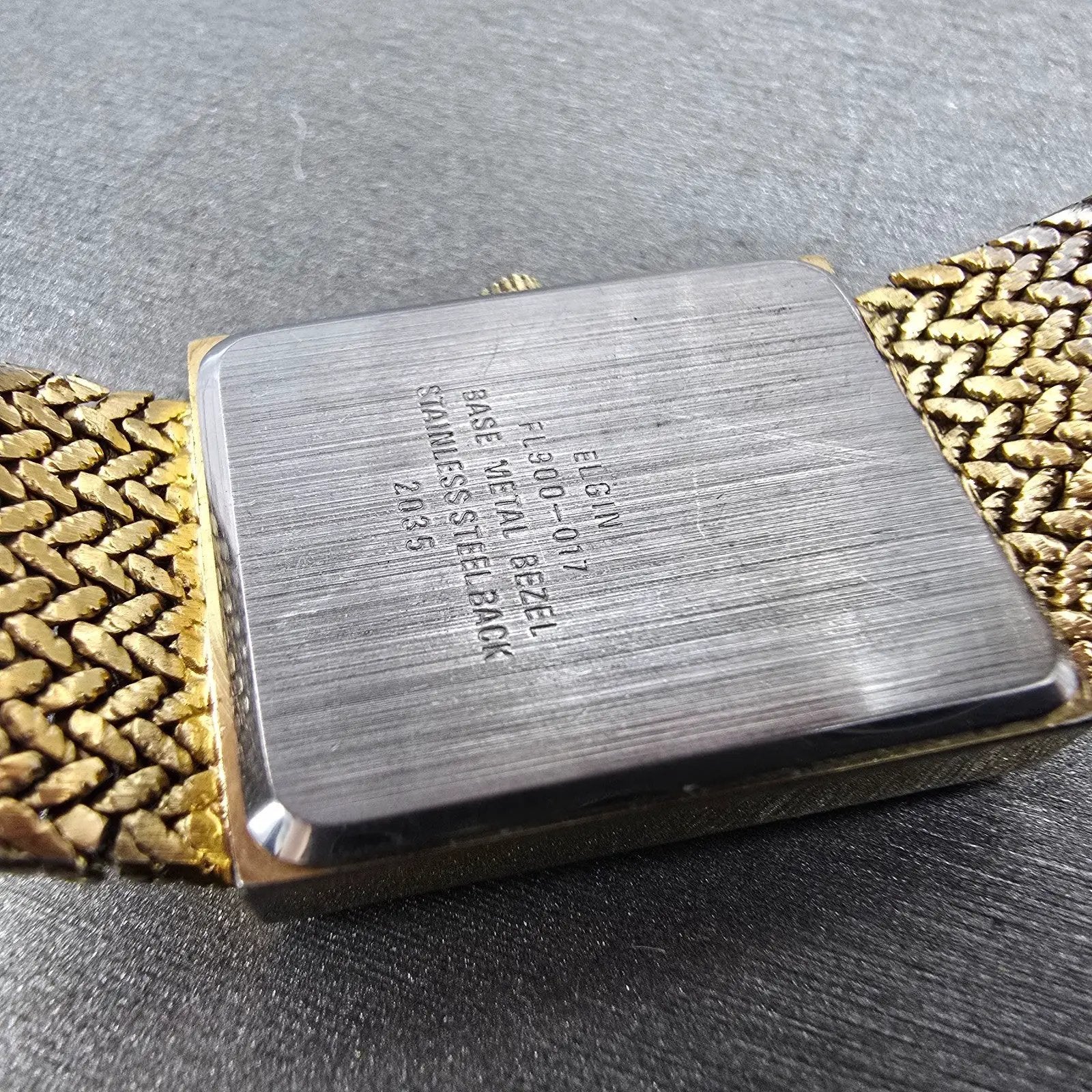 Elgin Tank Watch Men 23mm Champagne Dial Gold Rectangle Mesh Band New battery9