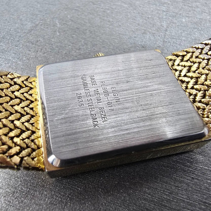 Elgin Tank Watch Men 23mm Champagne Dial Gold Rectangle Mesh Band New battery9