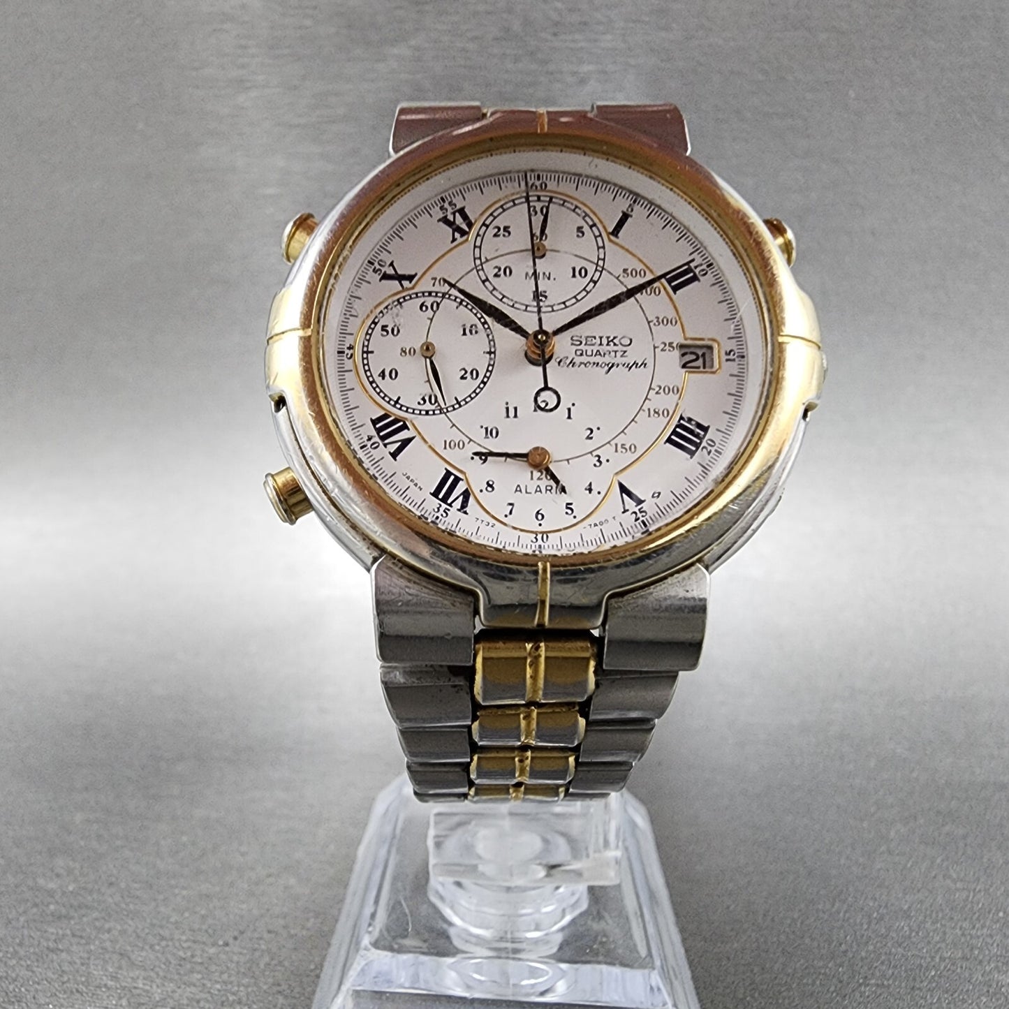 Seiko Chronograph Watch Men 36mm White Dial Two Tone Date Alarm 7T327A09 PARTS6